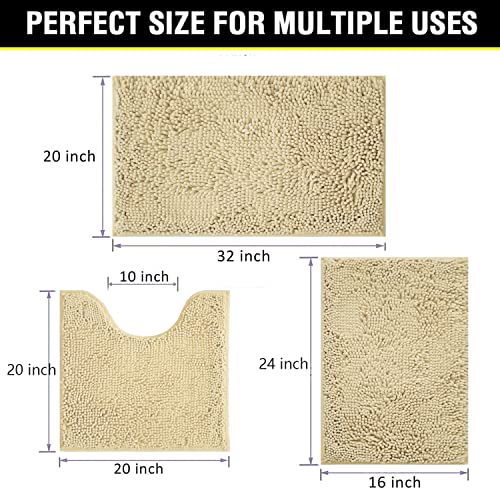 Bath Rugs Chenille 3-Piece Extra Soft and Absorbent Shag Beige Bathroom Rugs, Machine Wash Mat, Strong PVC Non-Slip Underside, Plush Carpet Mats (Beige) - color: Beige, size: 2'8" x 1'8" (16x24"+20x32"+20x20"U shape）