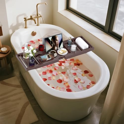 Bathtub Tray Caddy, Expandable Bath Trays for Tub, Bamboo Shelf & Table with Wine Glass Holder,Bathroom Accessories for New Home & Mothers Day & Birthday Gifts for Mom,Brown - color: Brown