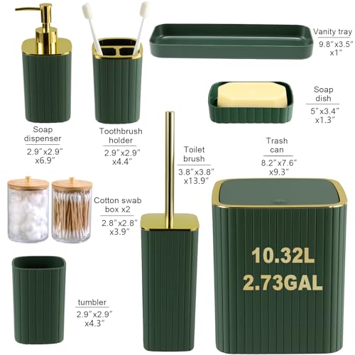 Bathroom Accessories Set-9PC Set, Complete Bathroom Decor & Home Decor, Bathroom Set with Toilet Brush, Trash Can, Soap Dispenser,Modern Home Bath Essentials (Green, Bath Set) - color: Green&gold, size: 9-Piece Bath Set
