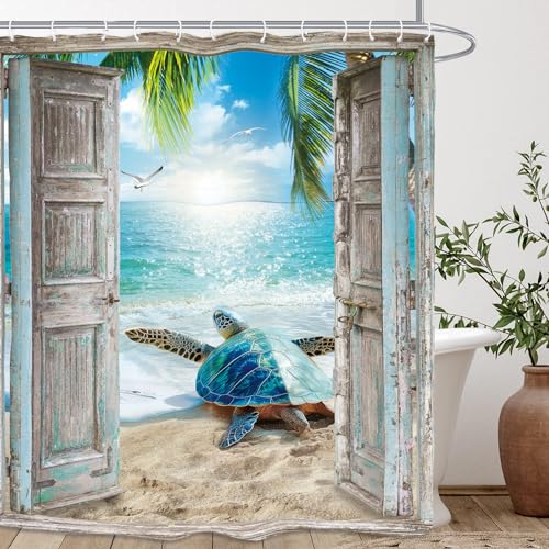 Turtle Ocean Sea Shower Curtain 60Wx72L Inch Beach Coastal Landscape Scene Barn Door Summer Bathroom Set Accessories Decor with 12 Pack Hooks - color: Teal Turtle, size: 60"W x 72"L (Pack of 1)