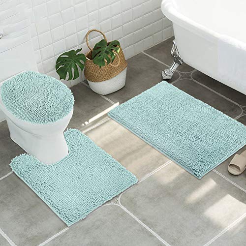 ITSOFT Standard 3pc Non-Slip Shaggy Chenille Bathroom Mat Set, Includes 24"x21" U-Shaped Contour Toilet Rug, 34"x21" Inches Bathmat and 1 Toilet Lid Cover, Spa Blue - color: Spa Blue, size: 24''x21’’, 34’’x21’’ and TLC (Set)