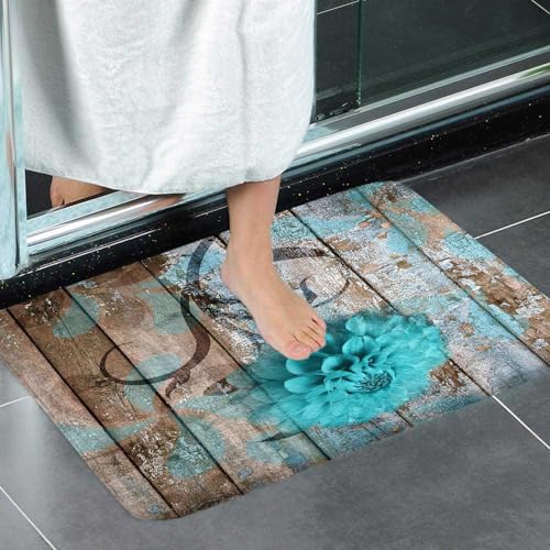 Farmhouse Floral Flower Bath Mat, Teal Dahlia Rustic Wooden Plank Country Barn Wood Turquoise Blue Non-Slip Flannel Soft Doormat Floor Entryways Outdoor Indoor Front Door Mat, (16X24) - color: Green, size: 1'4" x 2' (Rectangular)