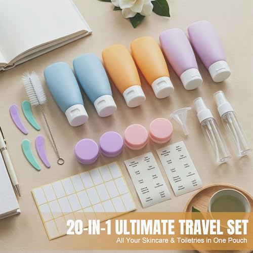 DEWSENSI 20 Pack Travel Bottles Set for Toiletries TSA Approved, Leak Proof Travel Size Containers Kit Portable Refillable Travel Accessories for Shampoo Conditioner Lotion Liquids (Multi-color) - color: multi-color A