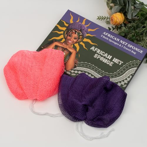 Bathway African Net Sponge Authentic with Handles (Set of 2), African Exfoliating Net Sponge, Exfoliating Body Scrubber Bath Sponge - Bathing Accessories with Storage Bag (Purple & Rose) - color: Purple & Rose
