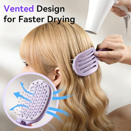 Self Cleaning Hair Brush, Curved Vented Detangler Brush for Faster Blow Drying, Anti-Breakage Wet & Dry Hair Brush for Women Men Kids, All Hair Types, Folding Travel Brush, Purple - color: Purple
