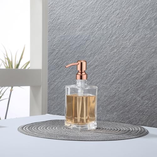 13.5 Oz Clear Glass Soap Dispenser with Rust Proof Stainless Steel Pump, Antique Design Refillable Square Lotion Dispenser for Bathroom, Premium Kitchen Hand Soap (Red Copper) - color: Red Copper