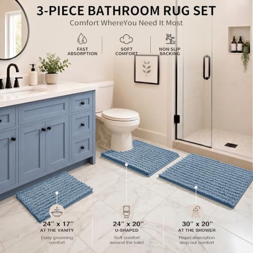 Yimobra Bathroom Rug Set 3 Piece - Super Absorbent Quick Dry Chenille Bath Mats & Toilet Rug, Non Slip Machine Washable, Extra Thick Shaggy Floor Mat for Shower Tub Sink, Denim Blue - color: Denim Blue, size: 24"x17" + 24"x20" + 30"x20"