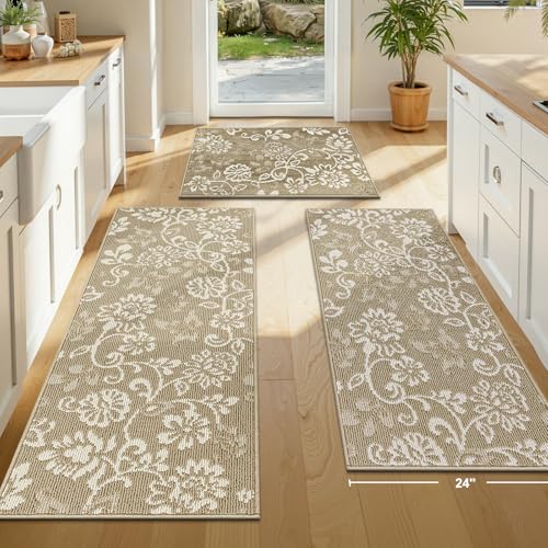 LOKHOM Boho Kitchen Rugs Sets of 3, Non Slip High-Low Textured Kitchen Mats for Floor with Rubber Backing, Paisley Floral Washable Carpet Runner for Hallways Entryway Laundry Sink (Beige & White) - color: Beige, size: 24"x35"+24"x48"+24"x60"