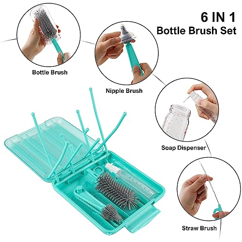 YomauiYee 6 in 1 Bottle Brush Set,Bottle Cleaner Brush Kit with Bottle Brush,Drying Rack,Nipple Brush,Straw Brush,Soap Dispenser&Storage Box,Portable Baby Essentials for Home&Travel - color: Tiffany Blue