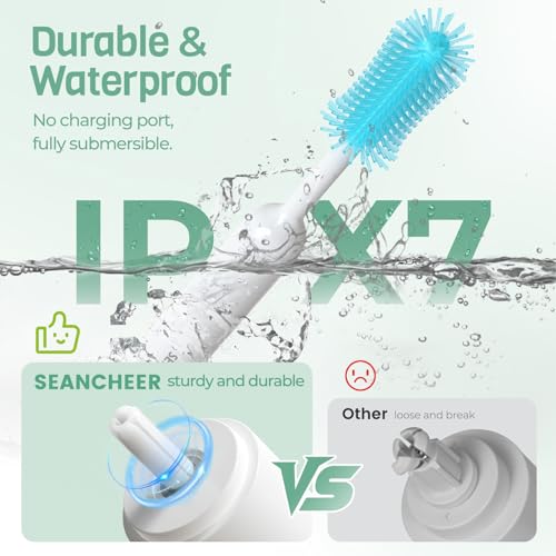 SEANCHEER S02 Electric Bottle Brush Set, Portable Baby Bottle Brush Cleaner, AA Battery-Powered & IPX7 Waterproof, with Silicone Bottle/Nipple/Straw Brush, for Home & Travel (Blue) - color: White-blue