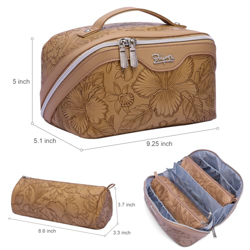 BOYATU Travel Makeup Bags Cosmetic Organizer Bag: 3-Set Large Capacity Make up Bag - PU Leather Toiletry Bags for Women - Wide Open Portable Pouch with Divider & Handle (01-Z-Brown) - color: 01-Z-Brown