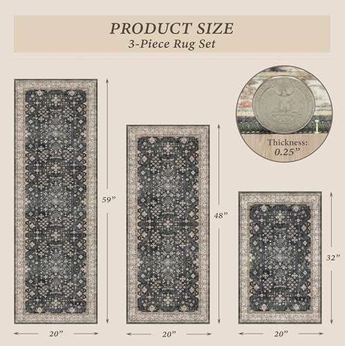 Black Boho Kitchen Rugs Set of 3, Non-Slip Machine Washable Kitchen Floor Mats, Low-Pile Runner Rug for Sink, Entryway, Bathroom, Laundry Room, Bedroom, Vintage Farmhouse Design - color: Ashen / Multi