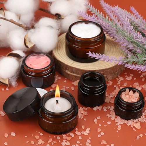 Accmor Amber Glass Jars with Lids, 10 Pcs Cosmetic Containers with 5 Spatula, Inner Liners, 0.18/0.35/0.53/0.7/1 OZ Size Makeup Mini Travel Containers LeakProof, UV-Protective, for Creams, Lotions - color: Amber