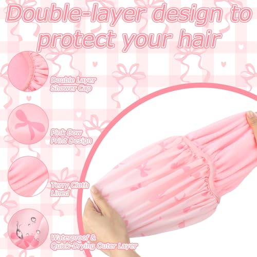 Janmercy Terry Lined Shower Cap for Women Pink Bow Extra Large Waterproof Shower Cap Reusable Double Layer Large Bath Hair Bonnet Washable Quick Dry for Braids Long Straight Curly Hair Women Gifts - color: Flat Bow, style: Pink Bow