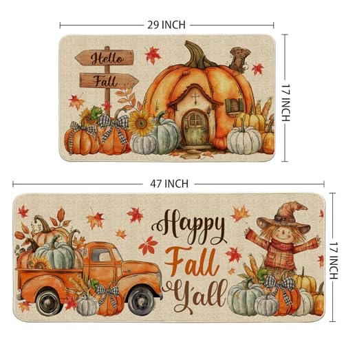 Fall Kitchen Mats, Farmhouse Truck Fall Kitchen Decor for Floor - Pumpkins House Kitchen Rugs Set of 2 - 17"x27"+17"x47"