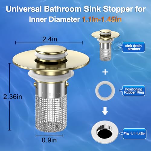 Bathroom Sink Drain Strainer,(3PCS) Pop-up Sink Drain Strainer with Removable Stainless Steel Strainer Basket Hair Catcher, Bathroom Sink Strainer for Bathroom Sink Stopper Replacement - color: 3, Brushed Gold
