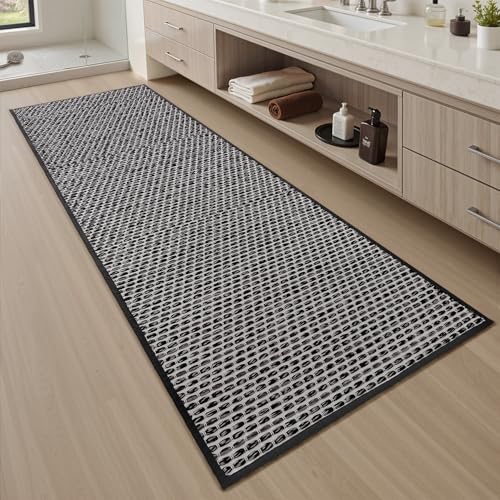AMOAMI Unique Woven Bathroom Runner Rug, Super Absorbent Non Slip Bath Mats for Bathroom Textured Bathroom Mat Quick Dry Boho Rugs Runners for Hallyways Kitchen Bedroom Beside Tub, 2' x 4', Black - color: Black, size: 2' x 4'