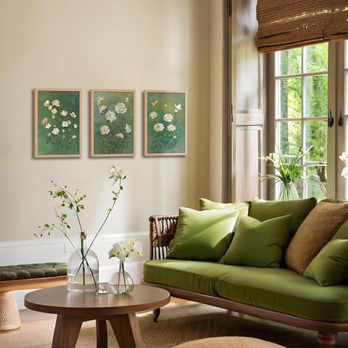 3Pcs Vintage Botanical Flower Framed Canvas Wall Art Abstract Green Floral Butterfly Painting Prints Poster, Rustic Cottage Garden Picture Decor for Living Room Bedroom Bathroom Home 12x16in - color: Abstract Green Floral Butterfly, size: 12x16 Inches