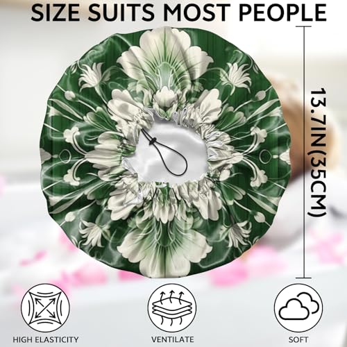 Shower Cap Adjustable Waterproof Double Layer Elastic Reusable Hair Bath Cap Cute Aesthetic for Women Girls-Green Flower - color: R5-Green Flower