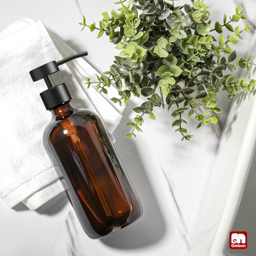 GMISUN Amber Glass Soap Dispenser, 1 Pack Dish Soap Dispensers for Kitchen with Rustproof Stainless Steel Pump, 17 Fl Oz Bathroom Hand Soap Dispenser, Brown Liquid Dishwashing Dispensers Bottle - color: Amber Bottle + Black Flat Pump, size: 1 Pack