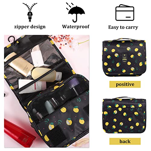 Pengxiaomei Hanging Toiletry Bag, Black Waterproof Cosmetic Bag Portable Lemon Makeup Pouch Travel Wash Bag with Handle for Woman Teen Girls Birthday Gifts - color: Black