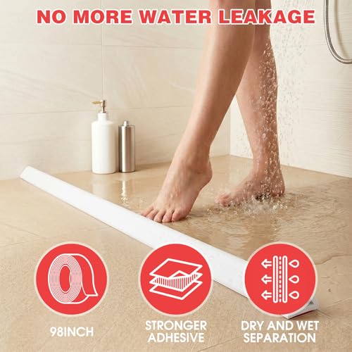 Friendship Shower Threshold Water Dam 98 Inches Shower Barrier Water Stopper Strip Collapsible Silicone Water Guard for Bathroom Bathtub Floor Seal (White)