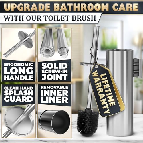 Silver Modern Toilet Brush and Holder Set with Wall Mount - Stainless Steel Toilet Brush with Holder - Removable Inner Bowl, Shiny Design, Splash Protection & Dense Bristles for Bathroom Cleaning - color: Silver Wall-mounted