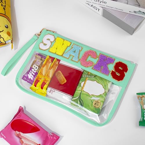 Snack Bag for Travel & Makeup - Clear Chenille Letter Zipper Pouch, Waterproof Cosmetic Tote Bag for Women & Girls (Green) - color: Green