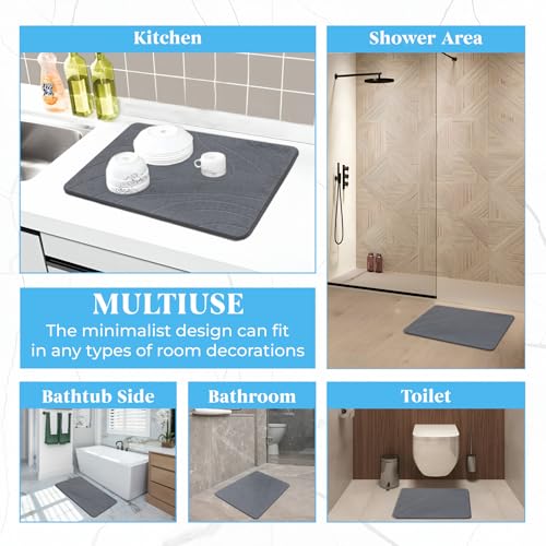 2 Pack Stone Bath Mat Diatomaceous Earth Shower Mat - Grey Wave Design Non Slip Super Absorbent Diatomite Stone Mats for Bathroom Floor Quick-Drying Easy to Clean (24 x 16 Inch)