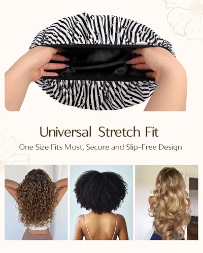Yanibest Shower Cap for Women - Frizz Free Satin Lined Shower Cap Waterproof Large Double Layer Reusable with Soft Elastic Band for Braids Long Hair - color: Zebra