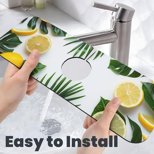 Kitchen Sink Splash Guard Faucet Mat, Lemon Tropical Leaves Diatom Mud Absorbent Draining Mat For Kitchen Sink Bathroom - color: Lemon Tropical Leaves, size: One Size