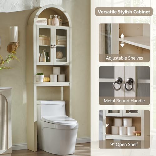 IFGET Arched Over The Toilet Storage Cabinet with Acrylic Doors, Modern Over Toilet Bathroom Organizer Shelf, Small Wooden Bathroom Storage Cabinet with Adjustable Shelf, Space Saver, Cream - color: Cream