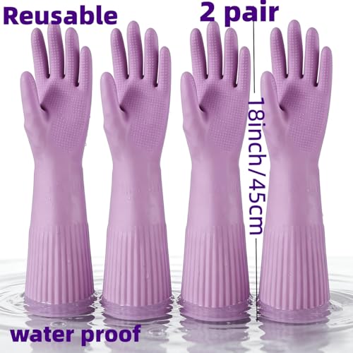 Long Rubber Waterproof Latex Household Cleaning 18inch Gloves Red Long Sleeved Heavy-duty Reusable 2Pair - color: Purple, size: Small