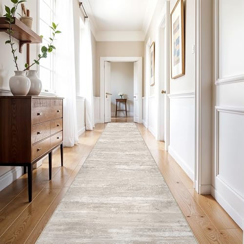 Washable Abstract 3x25 Runner Rug - Extra Long Hallway Runner Rug 25 ft Non Slip Stain Resistant Carpet for Entryway Living Room Stair Indoor Modern Home Decor Low Pile Mat 3x25 Beige - color: Beige, size: 3' x 25' (Runner)