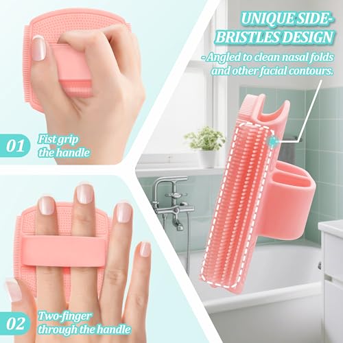 Silicone Back/Face Scrubber & Bath Glove Set 3PCS, Extendable Back Scrubber with Dual-Side Large Head, 360° Anti-Slip Bath Glove, Unique Side-Bristle Face Scrubber for All-Round Cleaning(Pink) - color: Pink*3