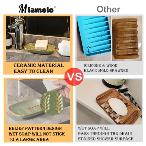 Miamolo Soap Dish Soap Holder Shower, Ceramic Soap Dishes for Bar Soap Sponge, Shower Soap Dish Soap Saver Tray for Bathroom Kitchen Sink, Easy to Clean, Green (Pack of 2) - color: Green, size: Leaf Design (Pack of 2)