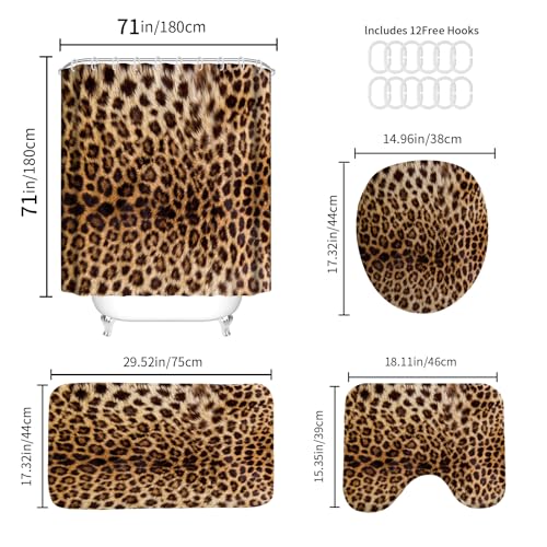 4 PCS Leopard Shower Curtain Cheetah Print Shower Curtain Sets Non Slip Bathroom Rugs Soft Plush Bath Mat Toilet Lid Cover Animal Print Shower Curtain with 12 Hooks for Bathroom Tub, Brown - color: Brown