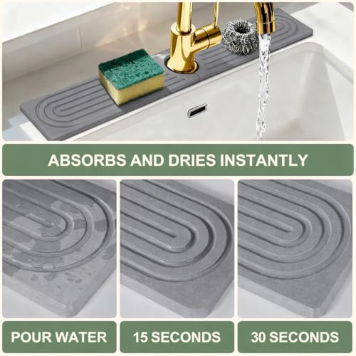 Faucet Mat for Kitchen Sink, Diatomite Quick Drying Stone Mat & Sink Protector, 15.8" x 4" Kitchen Sink Splash Guard, Absorbing Stone Tray for Bathroom Counter (Dark Gray)
