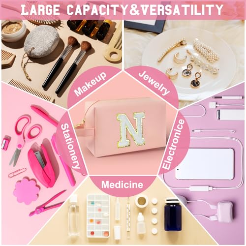 Personalized Initial Makeup Bag with Handle, Preppy Cosmetic Bag with Inner Zipper Pocket, 8 9 10 11 12 13 14 Years Old Girl, Graduation Gifts for Teen Girls Women Teachers (N, Pink) - color: Pink, style: N