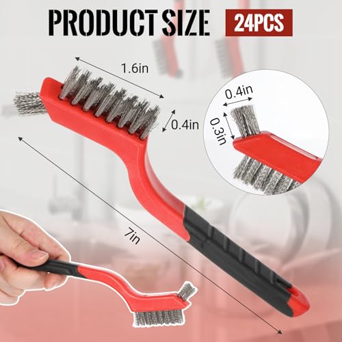 24 PCS Wire Brushes for Cleaning, Stainless Steel Wire Scratch Brush Set Heavy Duty Bristles with Curved Handle Grip Small Metal Wires Brushes for Rust Dirt and Paint Cleaning