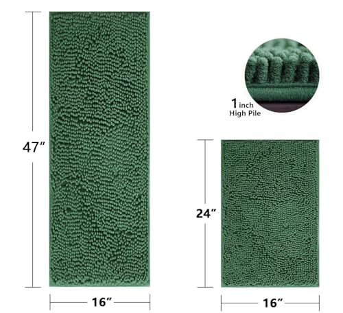 BOANKODU Bathroom Rugs Sets 2 Piece，47X16+16X24Inch，Absorbent Non-Slip Very Soft Chenille Mat,Machine Washable （Dark Green） - color: Dark Green, size: 47" x 16" + 16" x 24" (Rectangular)