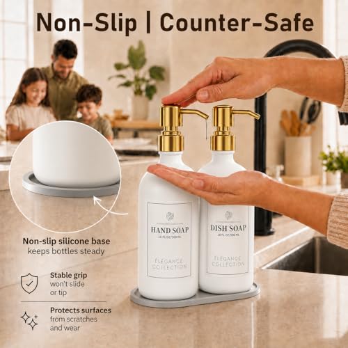 Fachixy White Glass Soap Dispenser (2 Pack), 16 Fl Oz Hand & Dish Soap Dispenser Bottles Set with Leak-Resistant Stainless Steel Pump, Non-Slip Pad, 14 Waterproof Labels for Kitchen and Bathroom - color: White