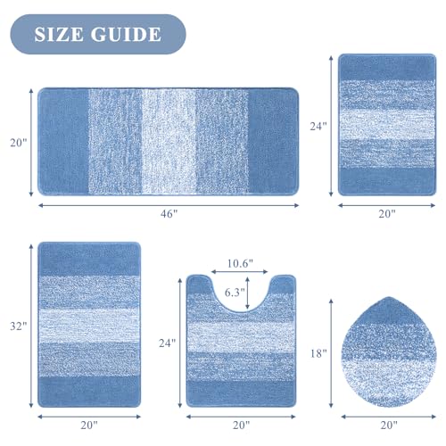 Bsmathom Bathroom Rugs Sets 5 Piece, Soft Absorbent Microfiber Bath Rugs with U-Shaped Contour Toilet Rug and Toilet Lid Cover, Thick Non-Slip Plush Shaggy Bath Mat Set,Blue - color: Blue, size: 18"x26"+20"x31"+20"x48"+U20"x24"+Cover19"x21"