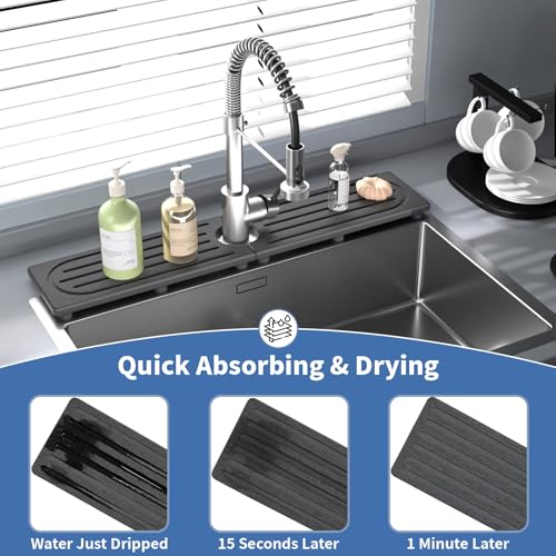 Stone Faucet Mat for Kitchen Sink, Water Absorbing Sink Water Splash Guard, Fast-Drying Kitchen Sink Faucet Mat, Durable Protector and Stone Drying Mat for Kitchen Counter & Bathroom Sink - color: Dark Gray Style 2, size: 15.8" x 4"