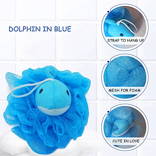 (4 Pack) Lovely Animal Design Kids Exfoliating Bath Scrubber Body Scrubber Shower Ball for Baby Toddler Kids Gentle Exfoliating Bath Sponge Loofah Pouf in Colorful Design - style: happy MARINE