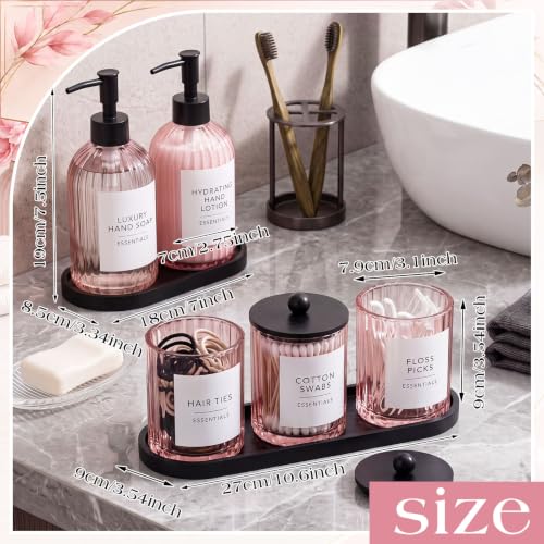 Yaomiao 5 Pack Bathroom Accessories Set, Modern Bathroom Decor Sets, Glass Liquid Soap Dispenser, Vanity Tray, Toothbrush Holder, Cotton Swab Jars with Lids for Sink Countertop(Pink,Striped) - color: Pink, style: Striped