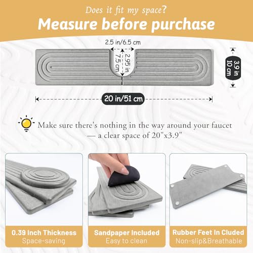 Stone Faucet Mat For Kitchen Sink, 20" Diatomite Fast Drying Stone Kitchen Sink Mat, Super Absorbent, Sink Stone Quick Dry Around Faucet, Stone Sink Splash Guard For Bathroom, Zen Gift, Light Grey - size: 20" x 3.9"