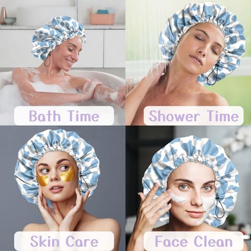 Luxury Shower Cap Silk Satin Lined Waterproof Reusable Adjustable Elastic Dry Hair Bathing Caps Cute for Women Girls-Blue Cow - color: C-15-Blue Cow