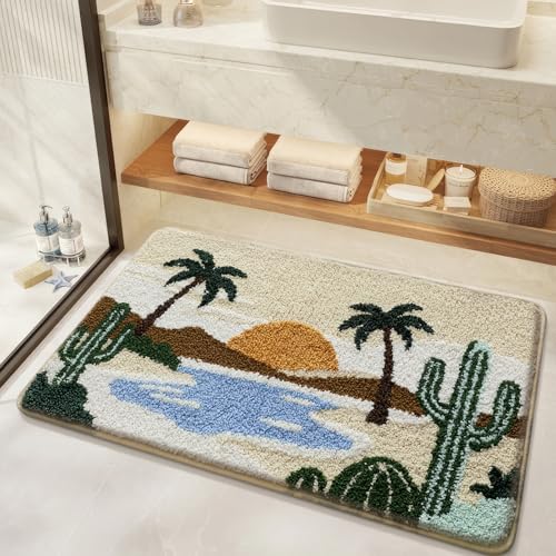 Bathroom Rug Mat, Desert Oasis Sunset Fluffy Rug with Cactus & Palm Tree, Ultra Absorbent Microfiber Shaggy Door Mat, Quick Dry Bath Rug Carpet for Toilet Bathtub Bedroom 20x31 Inch (Brown) - color: Green