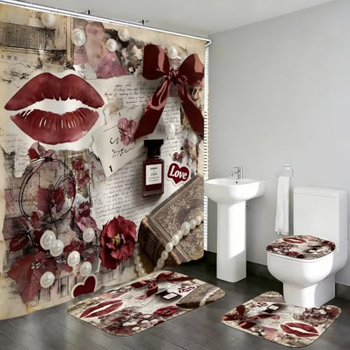 DDQQ 4Pcs Sexy Lip Shower Curtain Set Women Pearl Bow Bathroom Decor Set, Fashion Red Flower Perfume Bathroom Curtains Shower Set with Rugs, Girly Shower Curtain with 12 Hooks - color: Burgundy